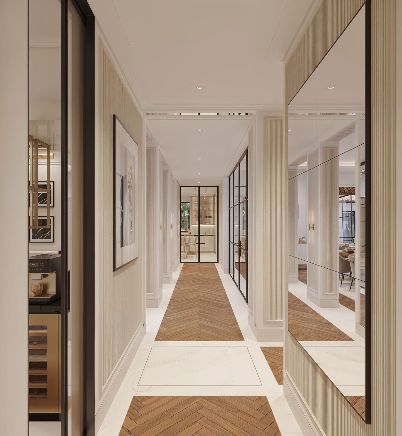 Hallway Herringbone Flooring Walnut - Calabasas Residence