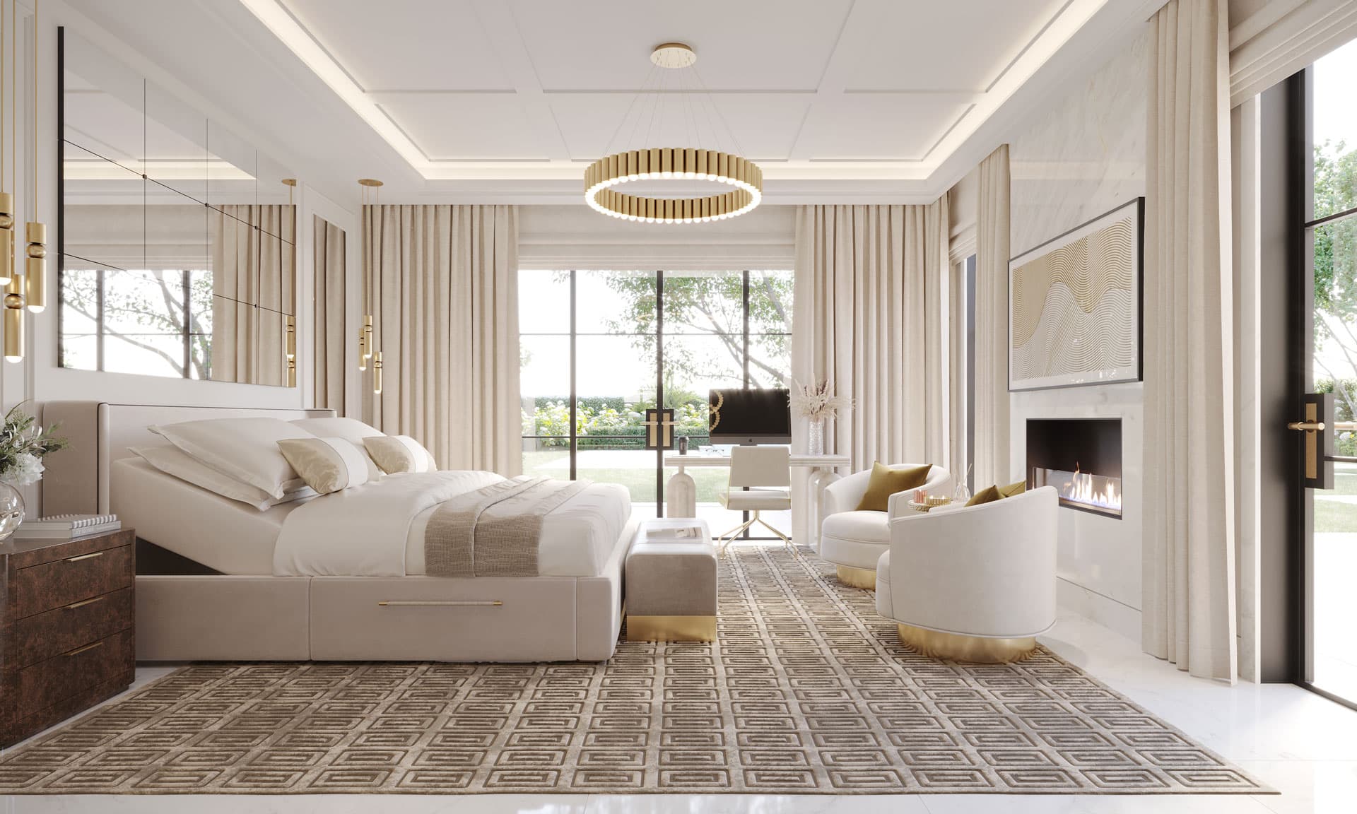 Master Bedroom Beige Brass Burlwood - Calabasas Residence