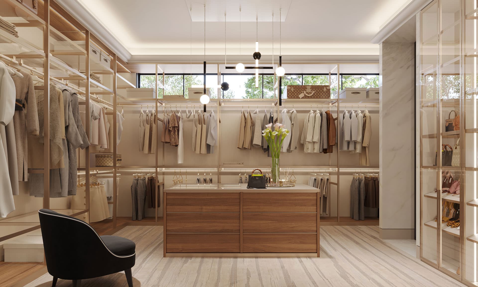 Master Closet Walnut Drawers Island Brass - Calabasas Residence