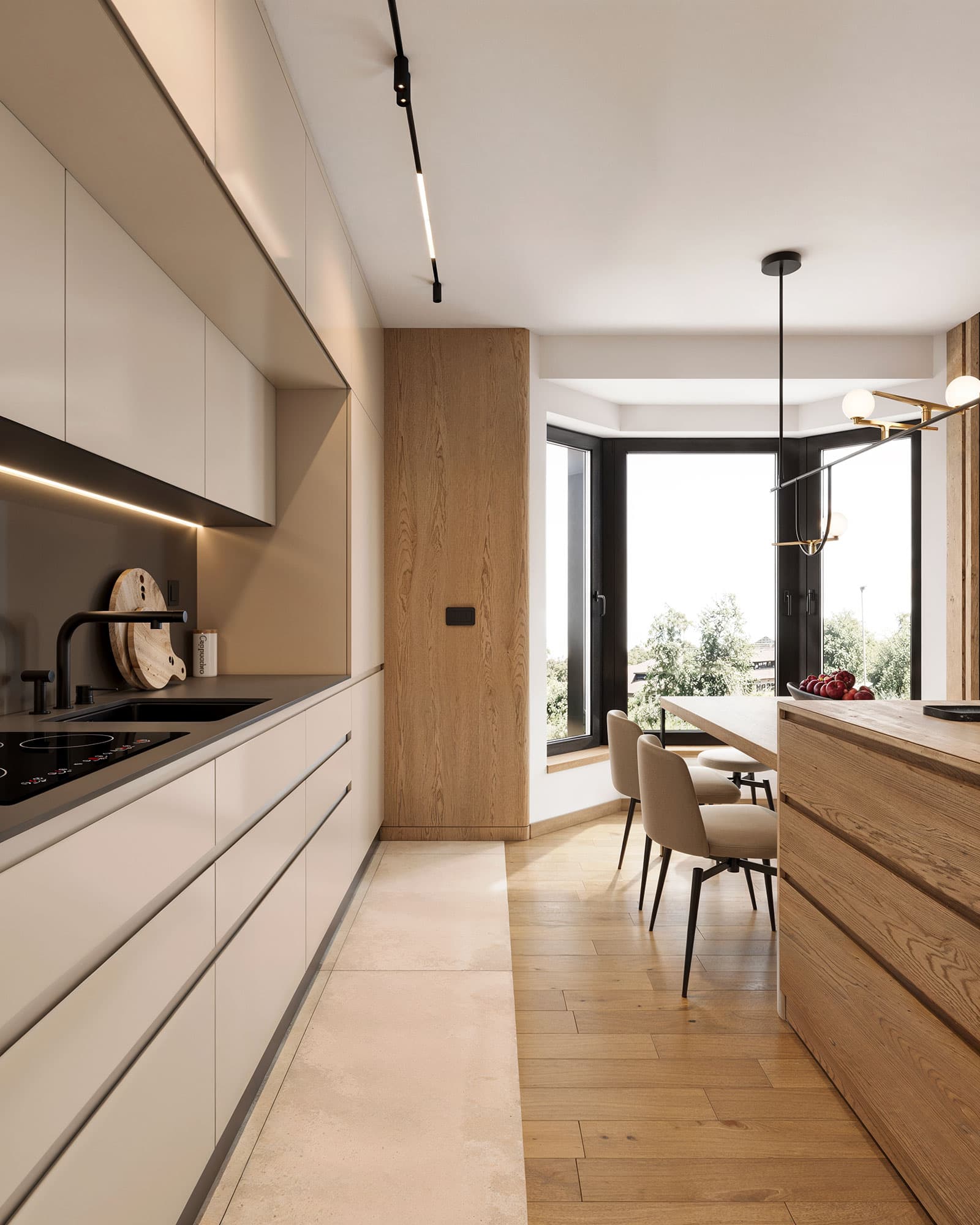 Contemporary Beige Kitchen Wooden Island Interior - Dorcol Apartment