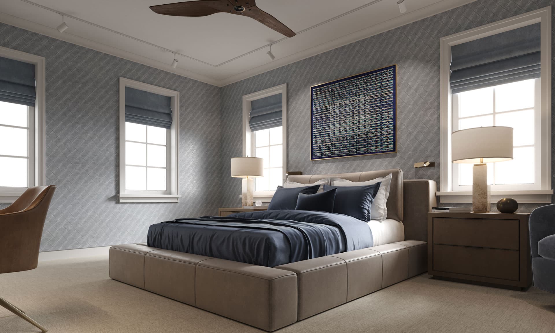 Blue Leather Wallpaper Bedroom Contemporary Design - Family Home Vero Beach
