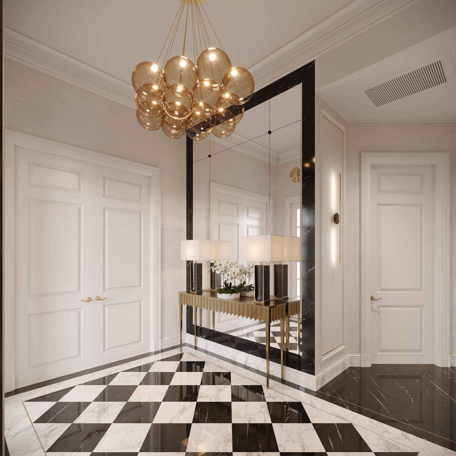 Checkered Marble Floor Entrance Foyer Design - Game Room