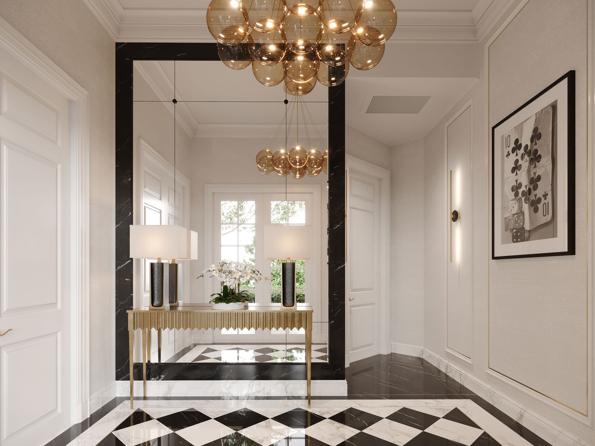 Checkered Marble Floor Entrance Foyer Design - Game Room