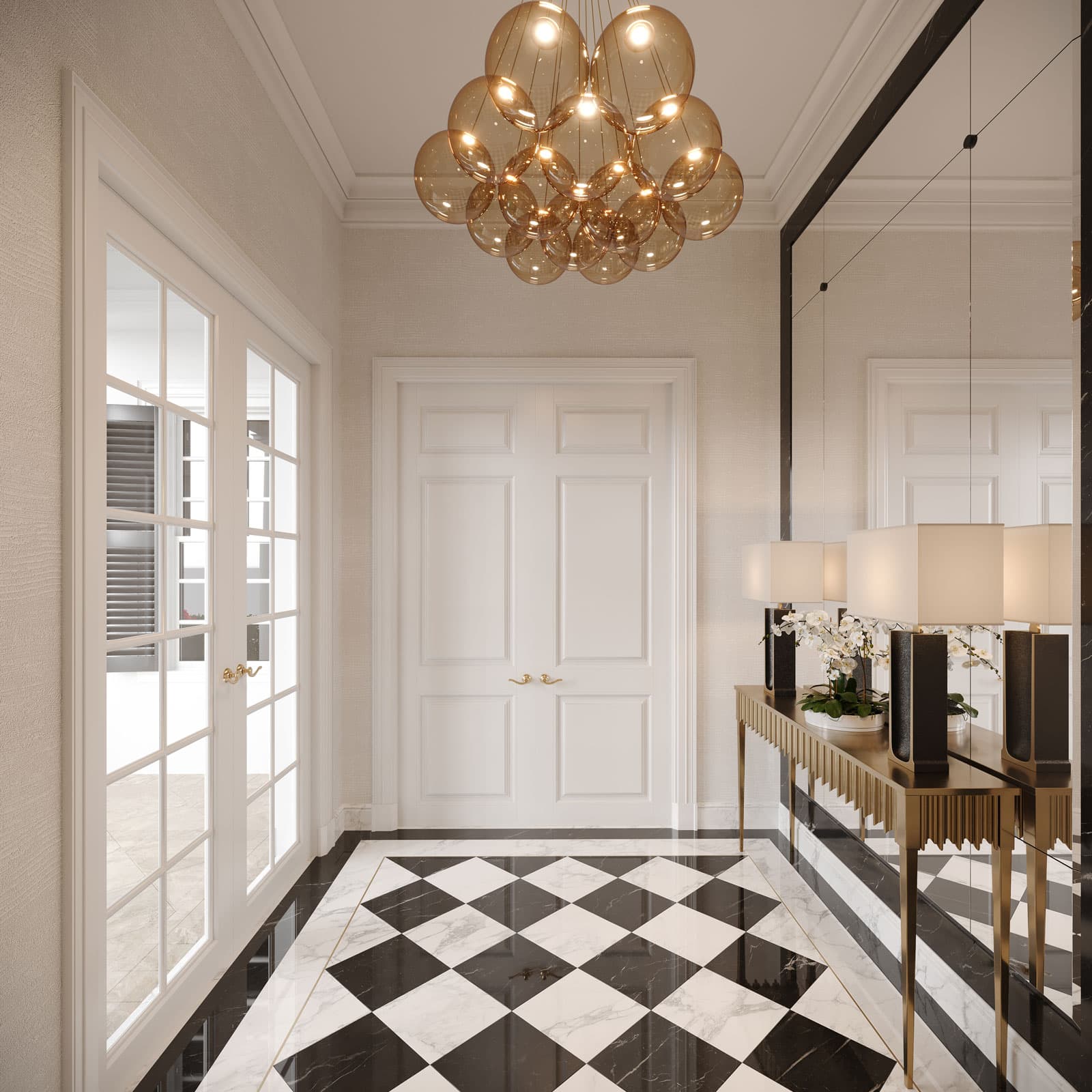 Checkered Marble Floor Entrance Foyer Design - Game Room