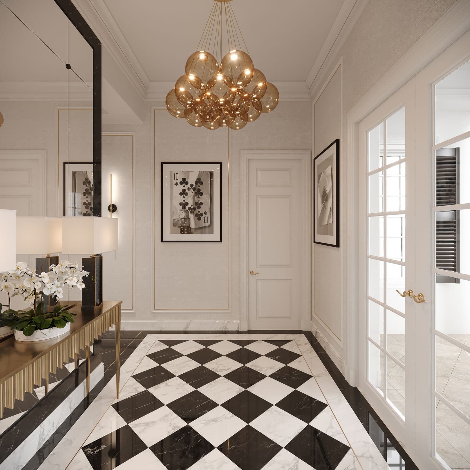 Checkered Marble Floor Entrance Foyer Design - Game Room