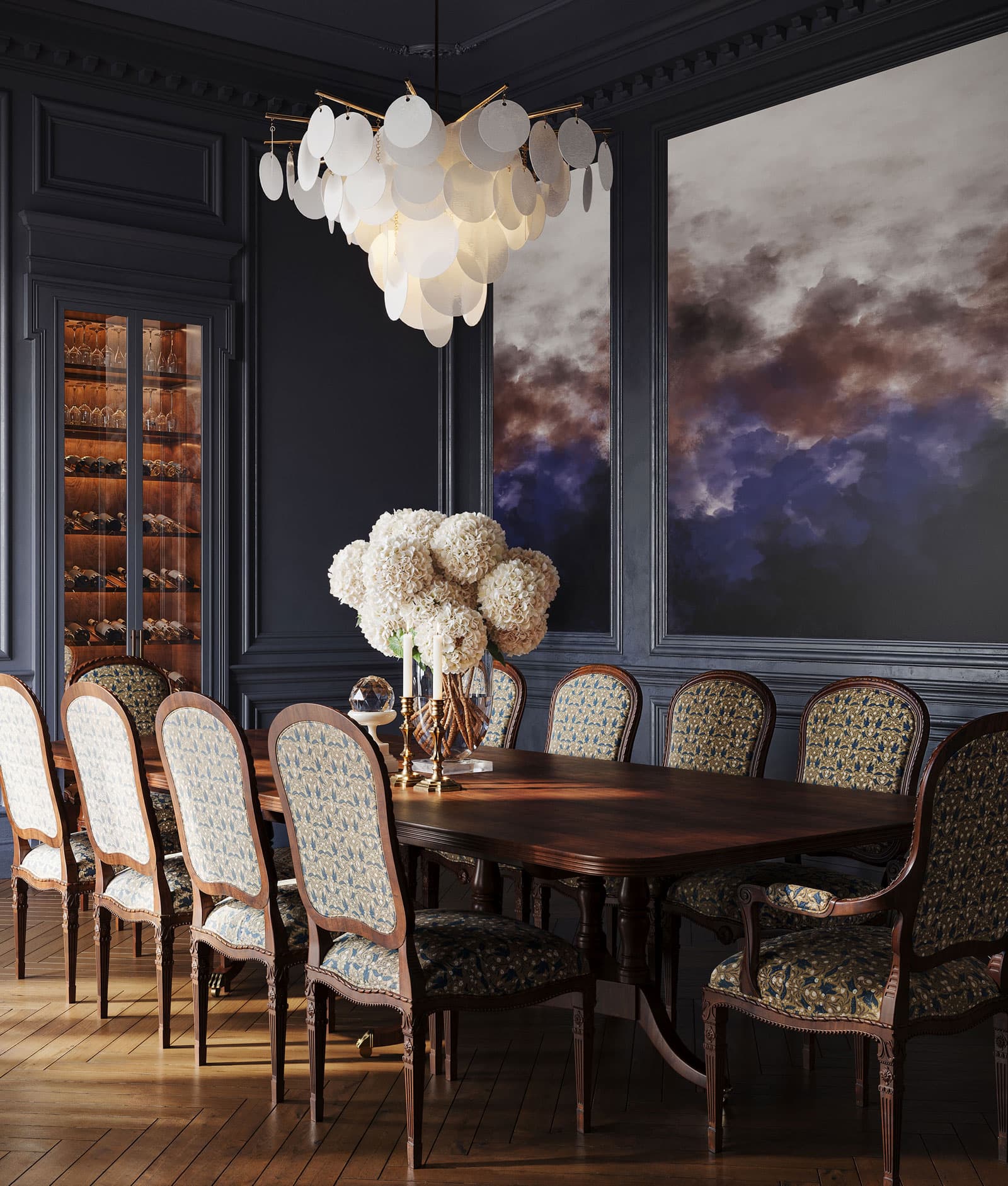 Classical Interior Dark Blue Walls Dining Room - Loomly Customs