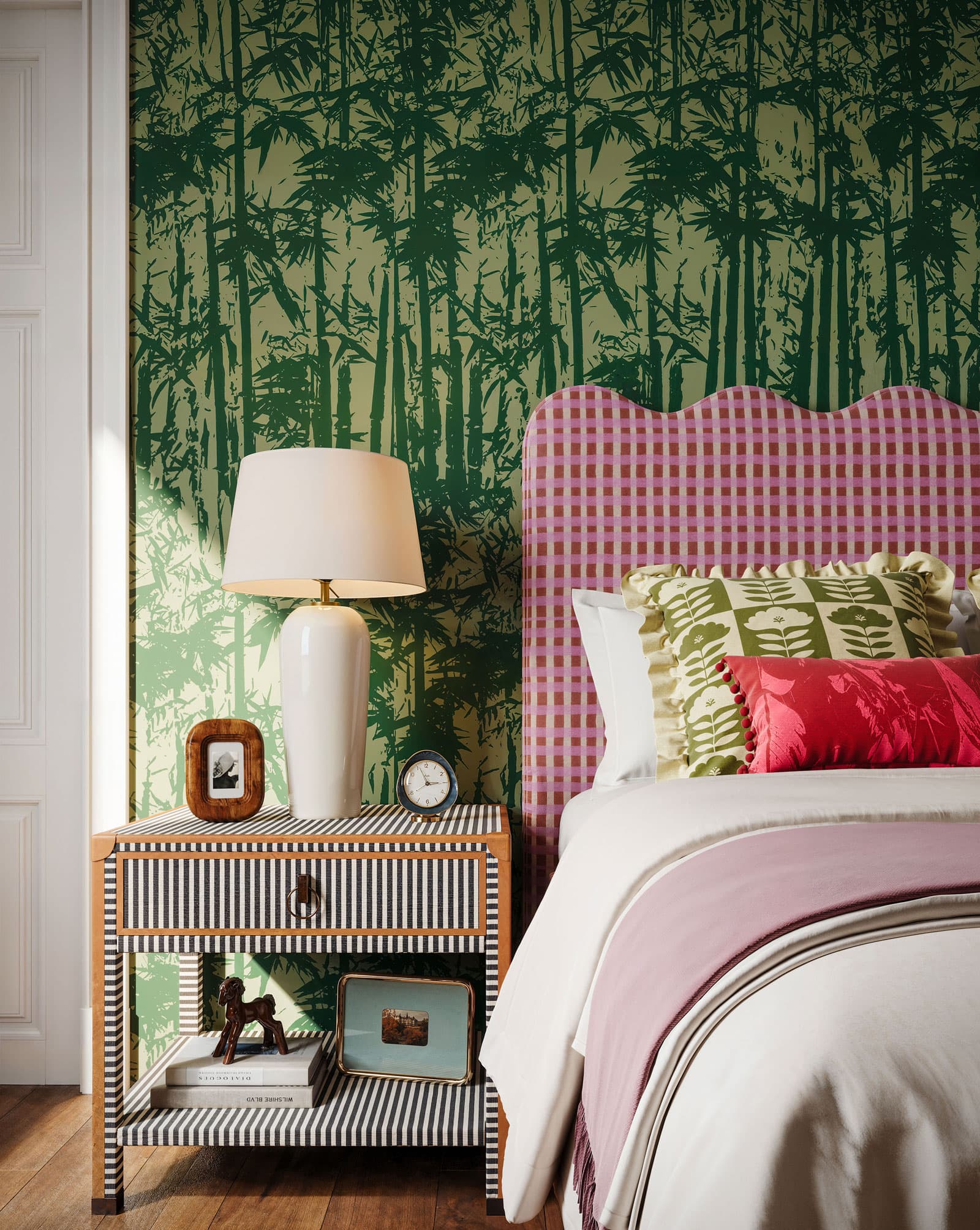 Close Up Shot Nightstand Pink Headboard - Loomly Customs