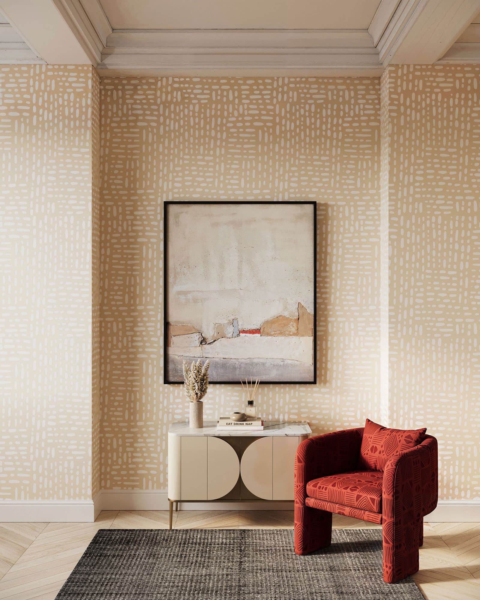 Patterned Wallpaper Walls Red Chair - Loomly Customs