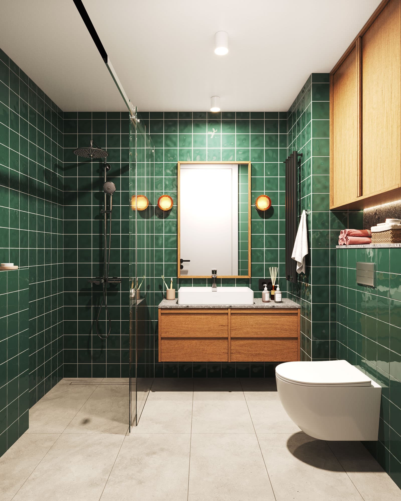 Midcentury Bathroom Green Tiles Design - Midcentury Apartment
