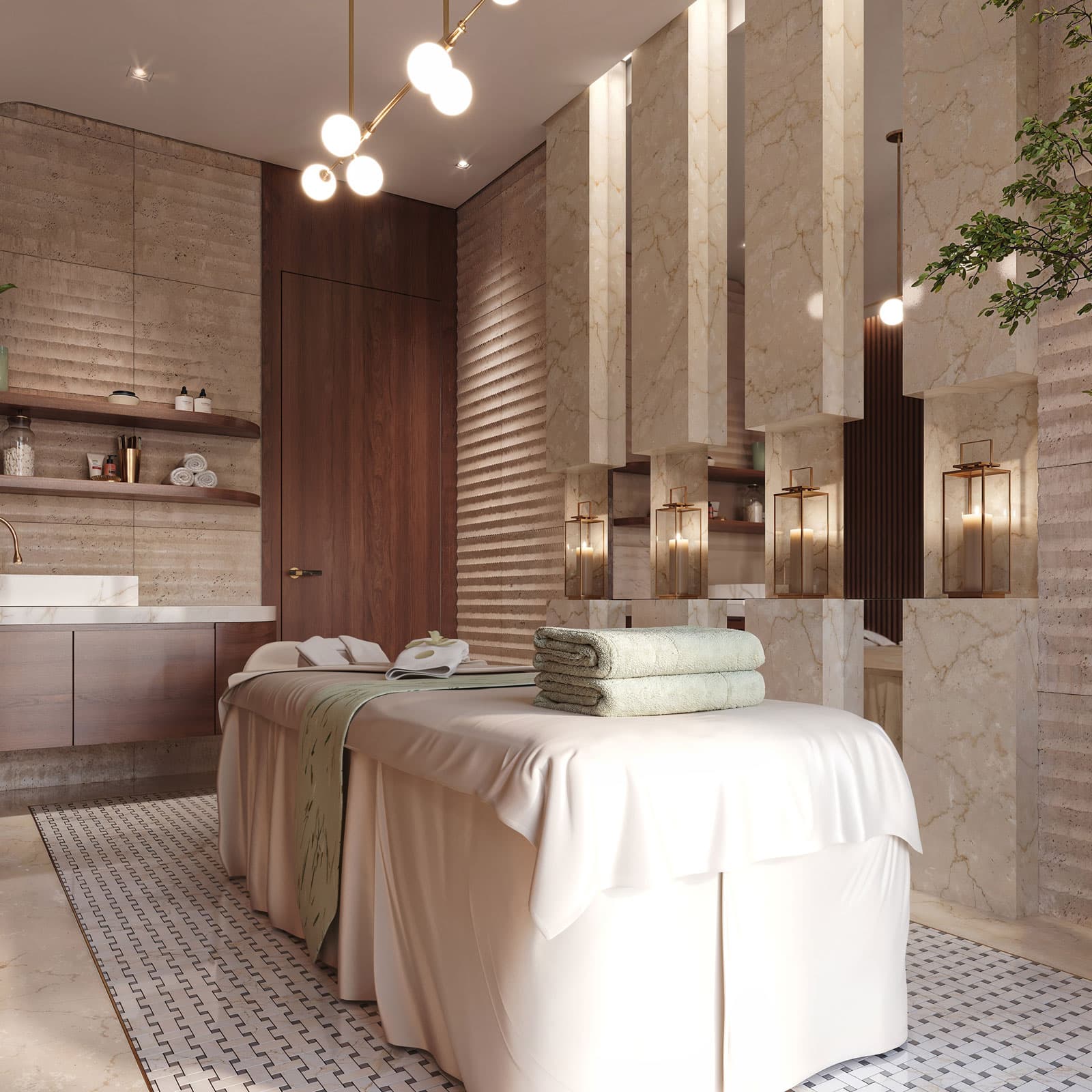 Massage Room Travertine Mirror Walls - Ocean Villa